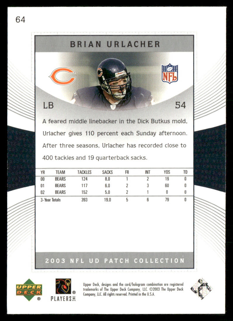 Brian Urlacher 2003 UD Patch Collection #64 Chicago Bears