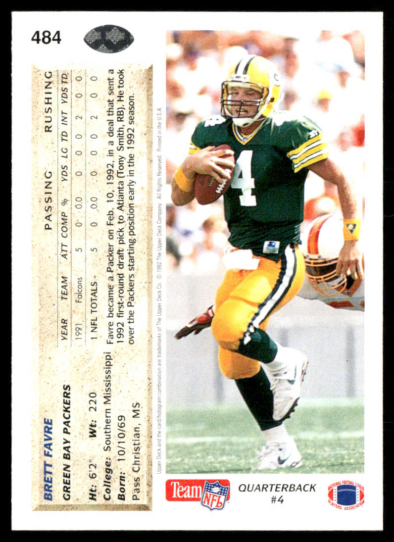 Brett Favre 1992 Upper Deck #484 Green Bay Packers