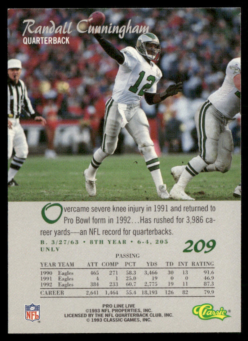 Randall Cunningham 1993 Pro Line Live #209 Philadelphia Eagles