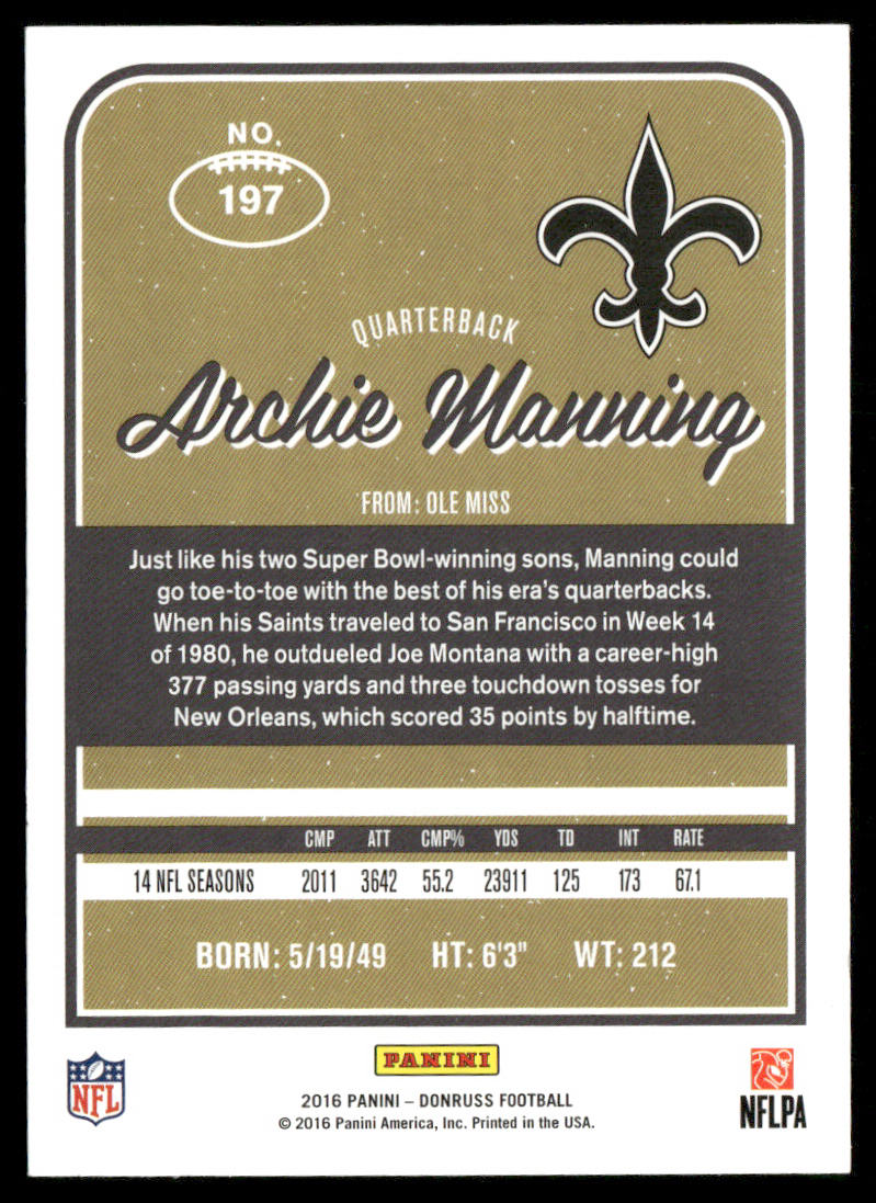 Archie Manning 2016 Donruss #197 New Orleans Saints