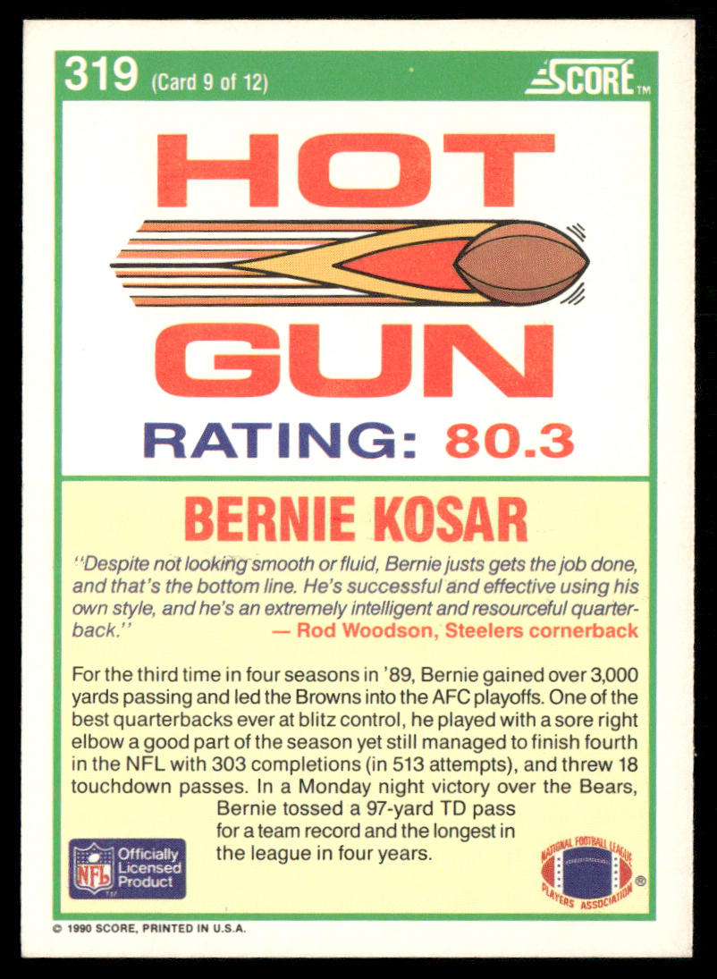Bernie Kosar 1990 Score #319 Cleveland Browns