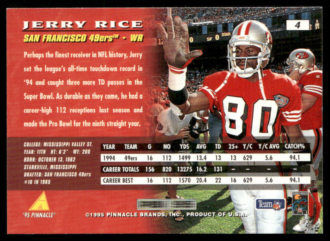 Jerry Rice 1995 Pinnacle #4 San Francisco 49ers
