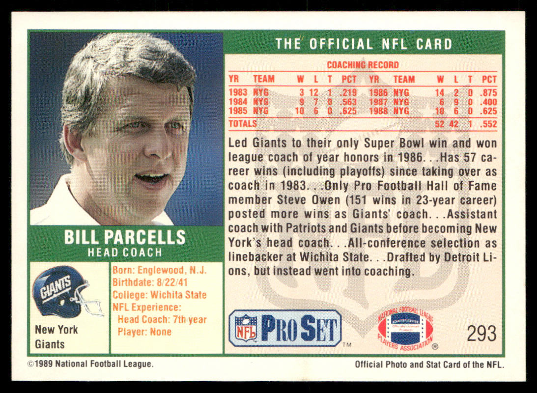 Bill Parcells 1989 Pro Set #293 New York Giants