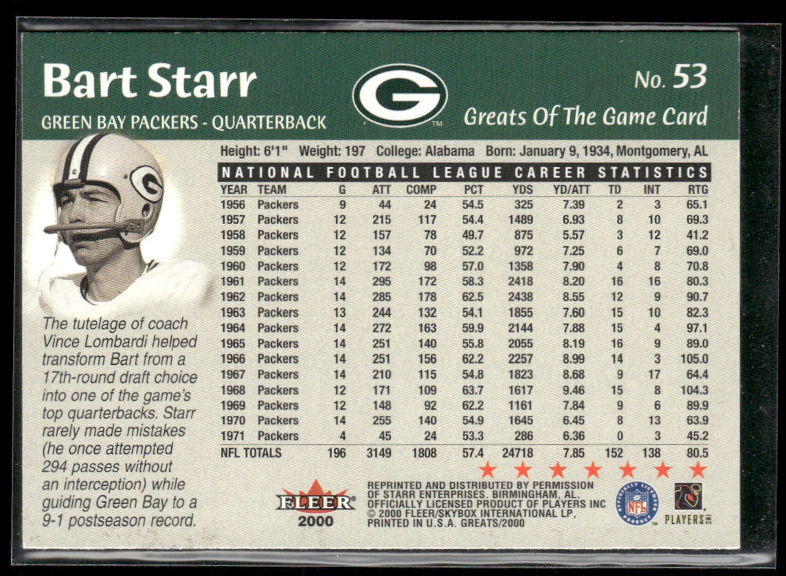 Bart Starr 2000 Fleer Greats of the Game #53 Green Bay Packers