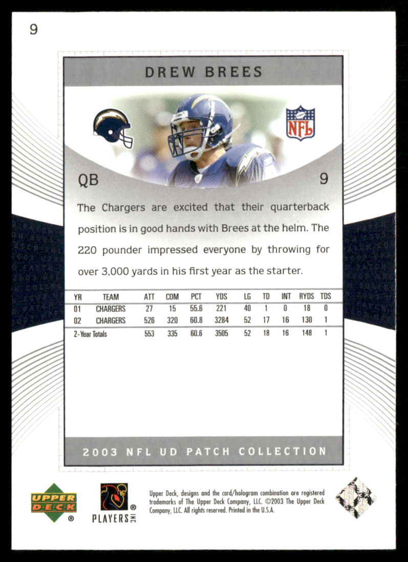Drew Brees 2003 UD Patch Collection #9 San Diego Chargers