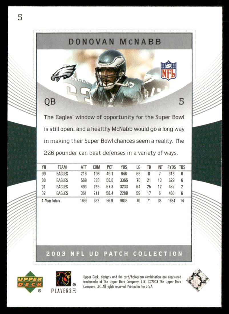 Donovan McNabb 2003 UD Patch Collection #5 Philadelphia Eagles