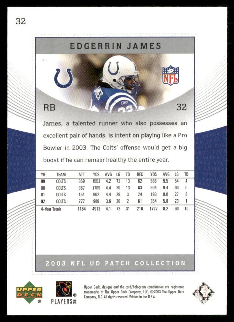 Edgerrin James 2003 UD Patch Collection #32 Indianapolis Colts