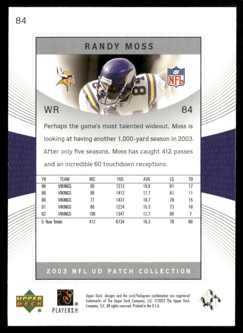 Randy Moss 2003 UD Patch Collection #84 Minnesota Vikings