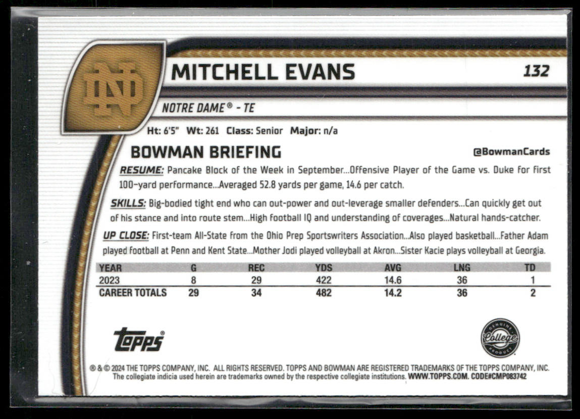 Mitchell Evans 2024 Bowman University Chrome Blue Mini-Diamond Refractor #132 SN