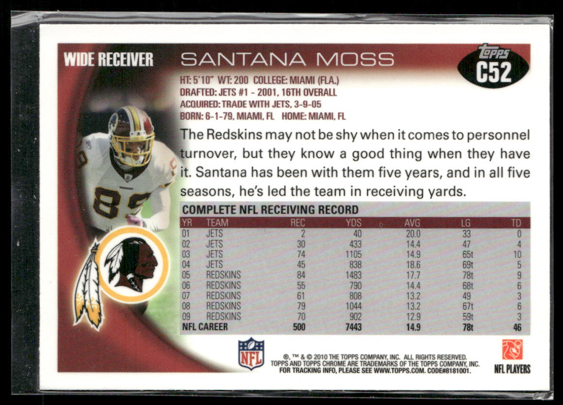 Santana Moss 2010 Topps Chrome #C52 Washington Redskins