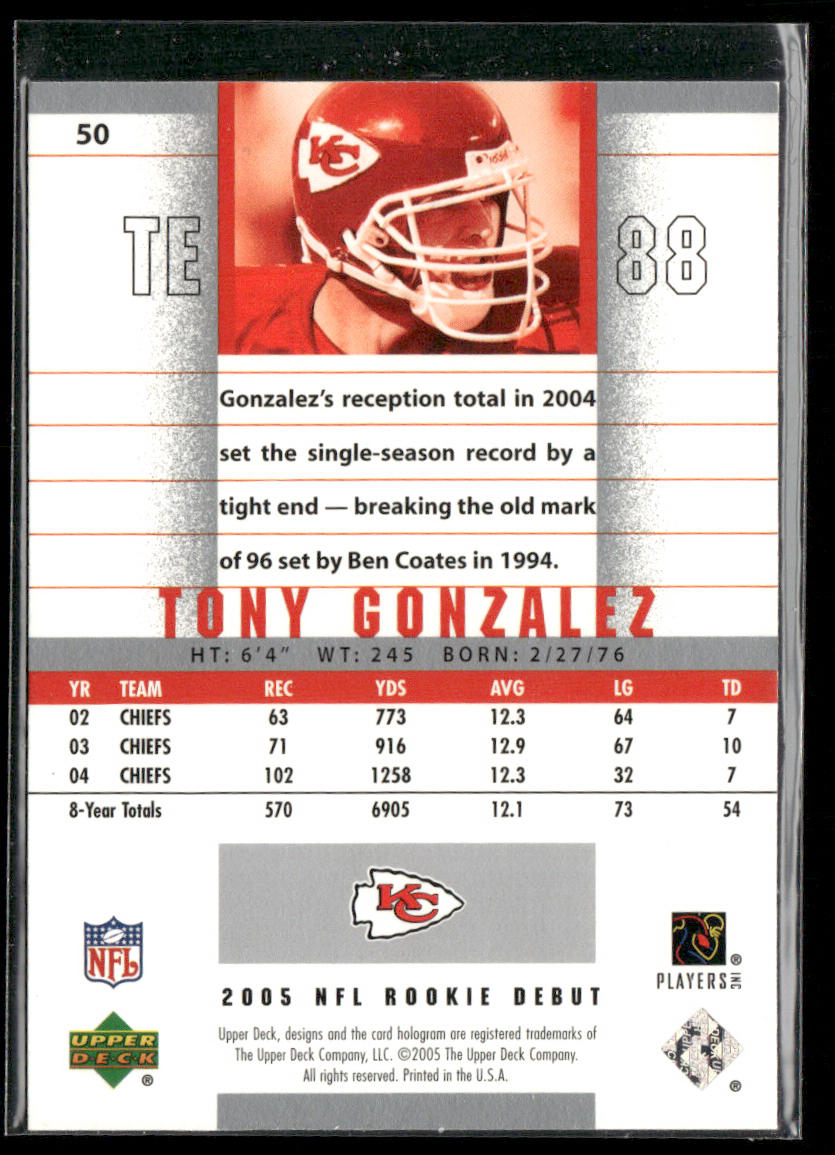 Tony Gonzalez 2005 Upper Deck Rookie Debut #50 Kansas City Chiefs