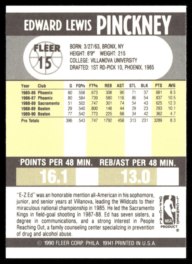 Ed Pinckney 1990-91 Fleer #15 Boston Celtics