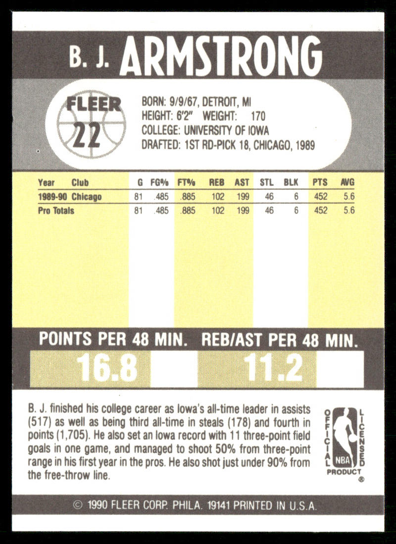 B.J. Armstrong 1990-91 Fleer #22 RC Chicago Bulls