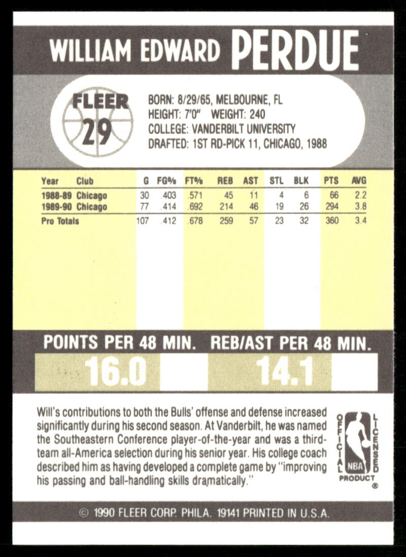 Will Perdue 1990-91 Fleer #29b Chicago Bulls