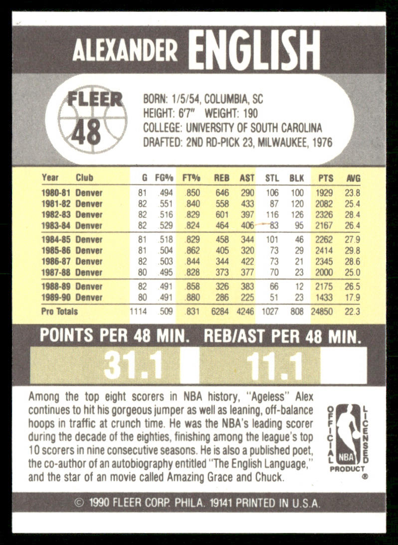 Alex English 1990-91 Fleer #48 Denver Nuggets