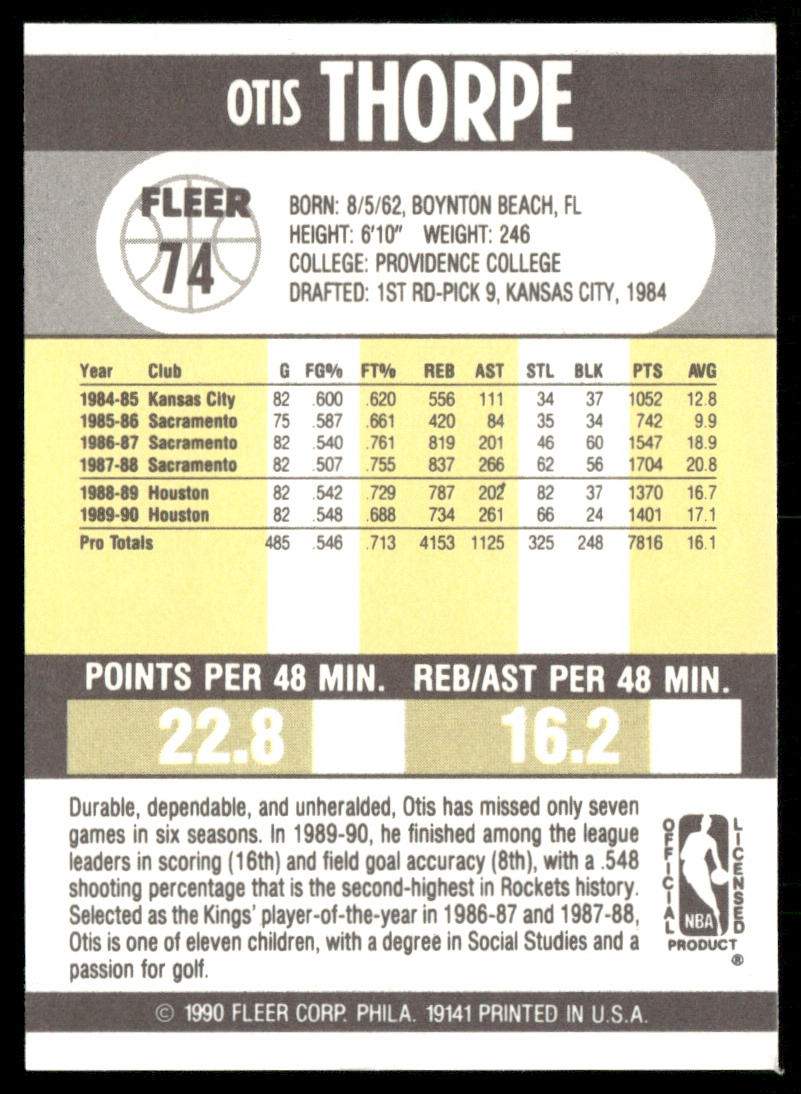 Otis Thorpe 1990-91 Fleer #74 Houston Rockets