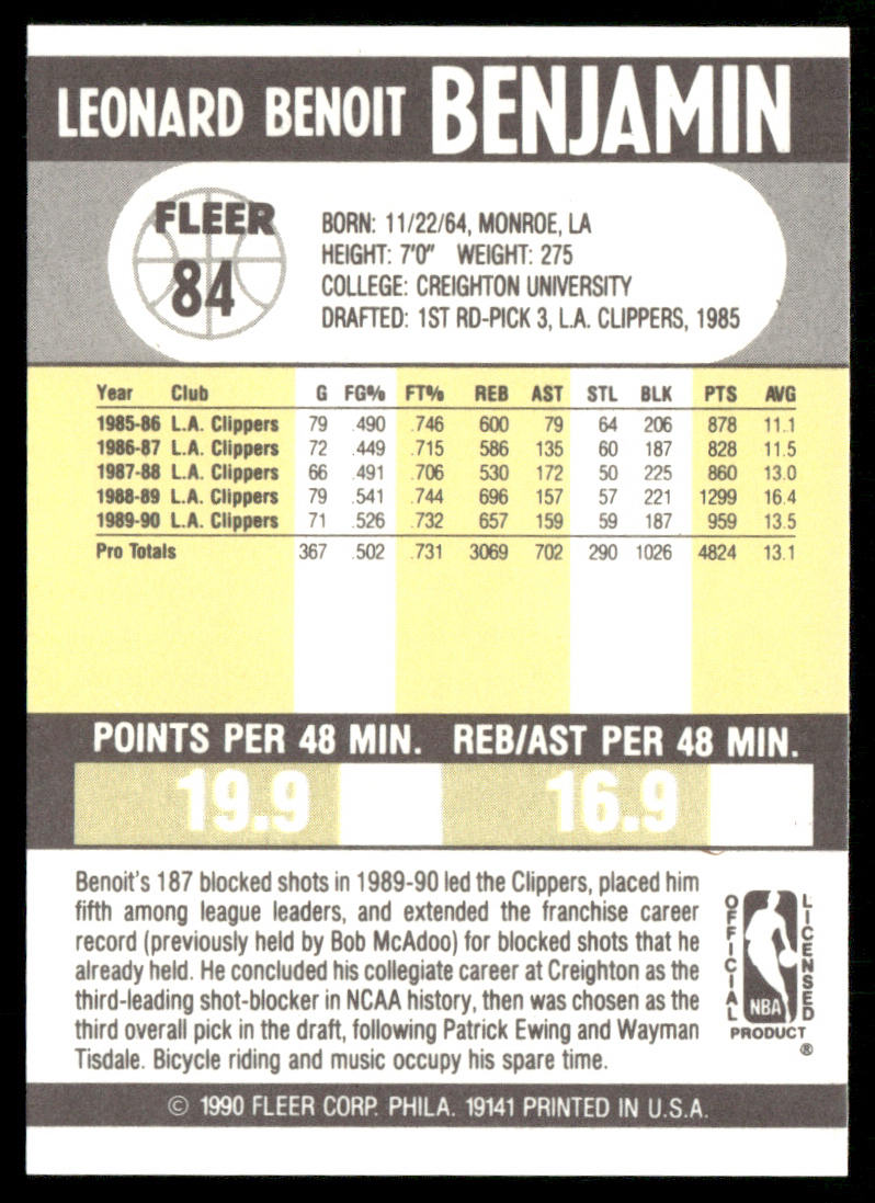 Benoit Benjamin 1990-91 Fleer #84 Los Angeles Clippers