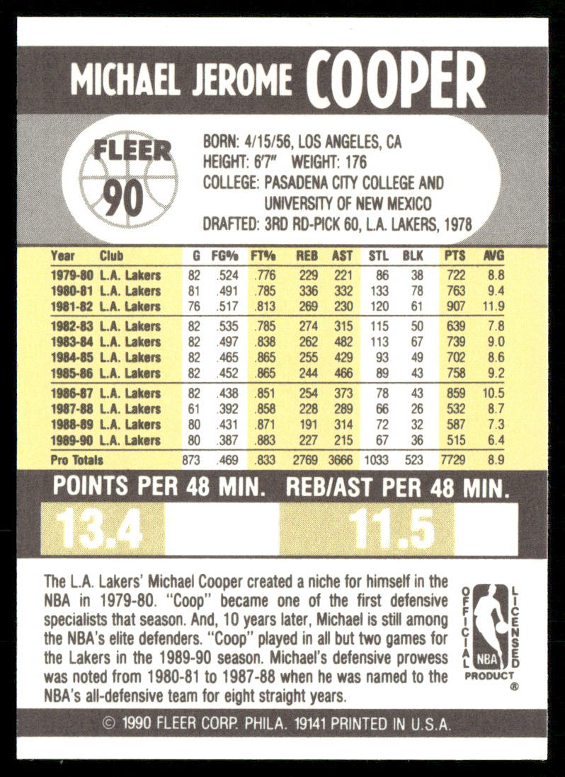 Michael Cooper 1990-91 Fleer #90 Los Angeles Lakers