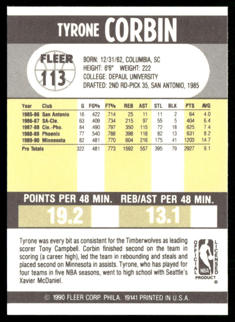 Tyrone Corbin 1990-91 Fleer #113 Minnesota Timberwolves