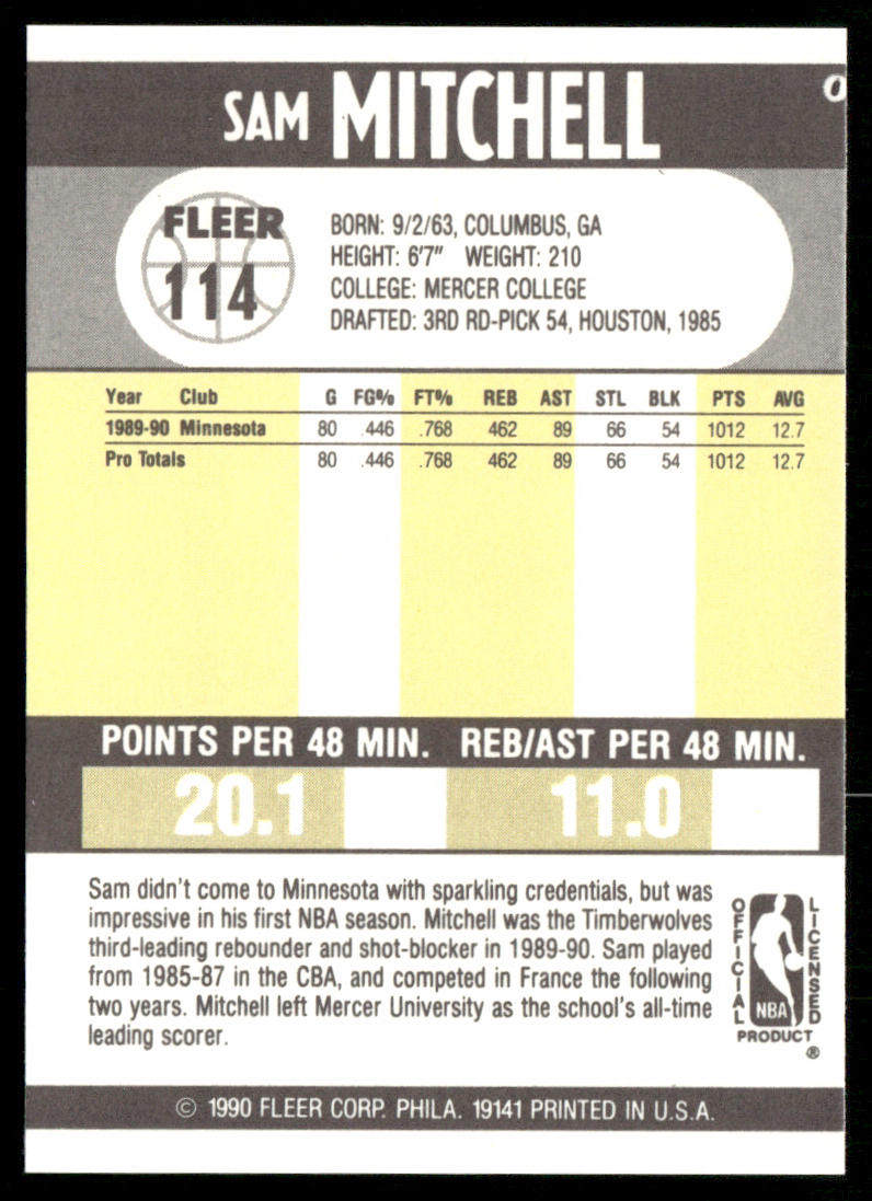 Sam Mitchell 1990-91 Fleer #114 RC Minnesota Timberwolves
