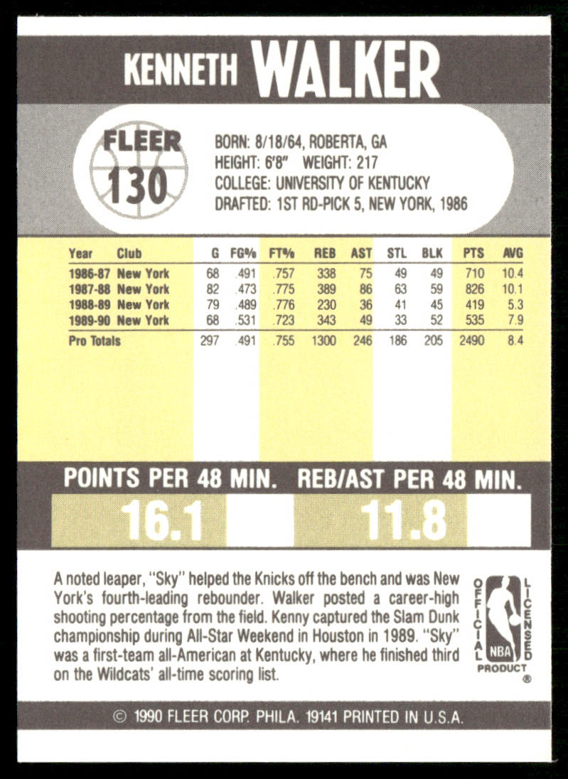 Kenny Walker 1990-91 Fleer #130 New York Knicks