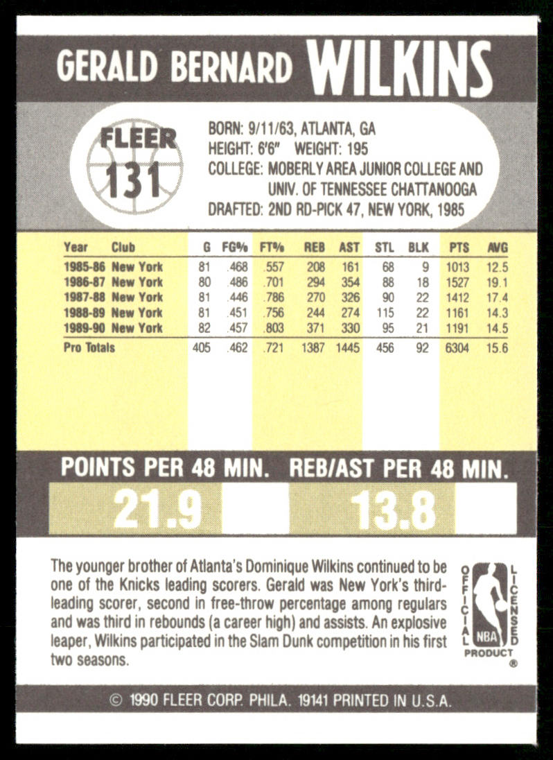 Gerald Wilkins 1990-91 Fleer #131 New York Knicks