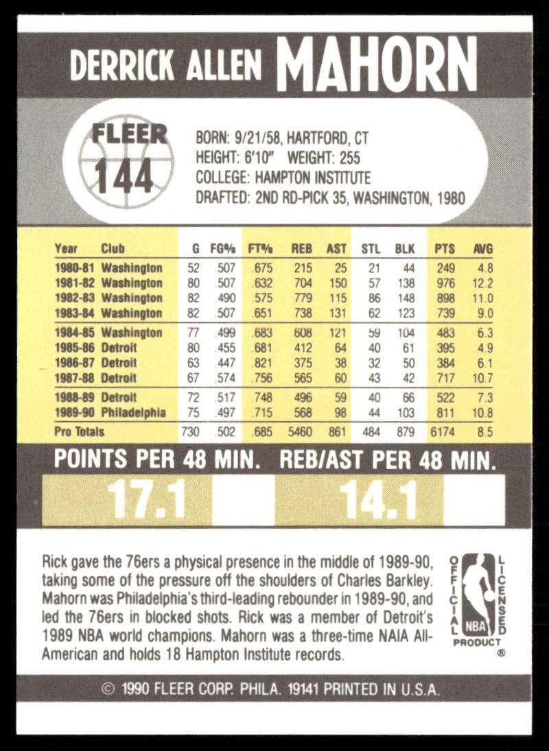 Rick Mahorn 1990-91 Fleer #144 Philadelphia 76ers