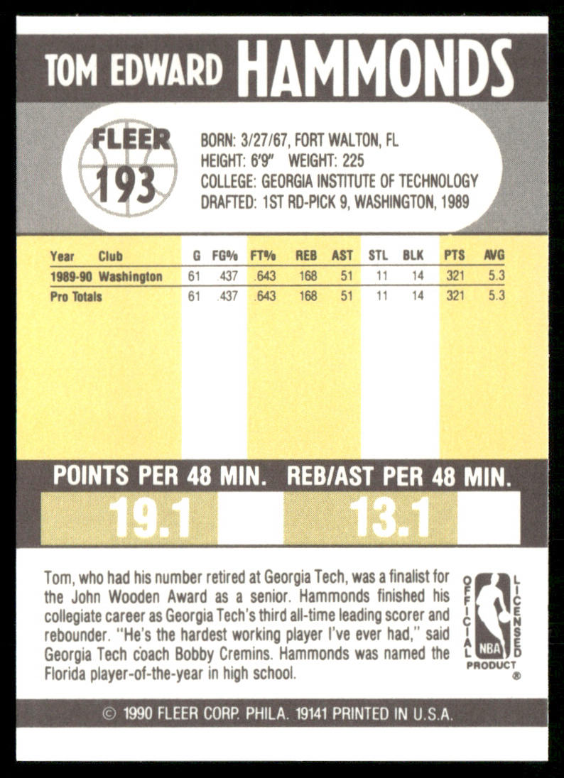Tom Hammonds 1990-91 Fleer #193 RC Washington Bullets