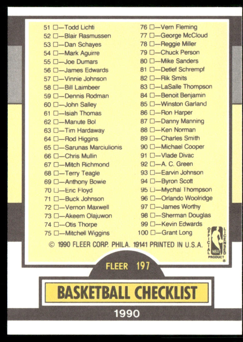 Checklist: 1-100 1990-91 Fleer #197b
