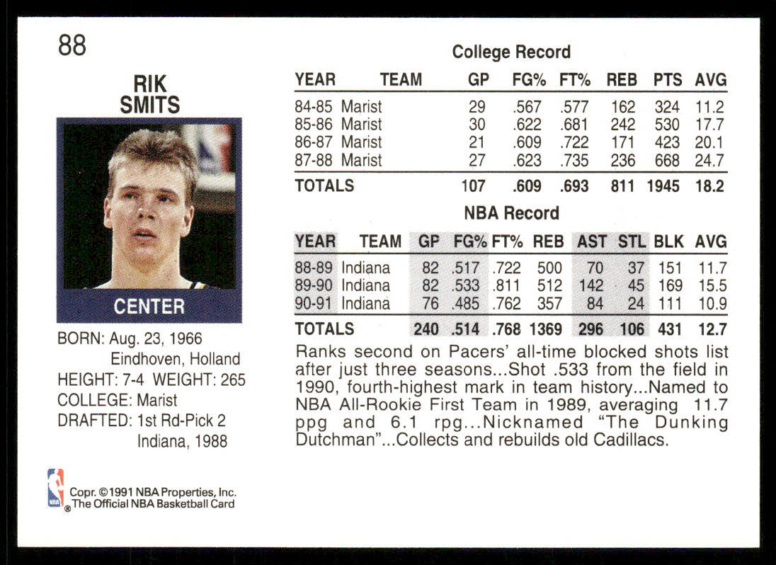 Rik Smits 1991-92 Hoops #88 Indiana Pacers