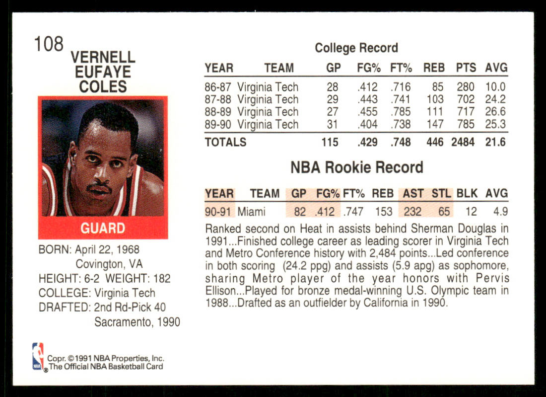 Bimbo Coles 1991-92 Hoops #108 Miami Heat