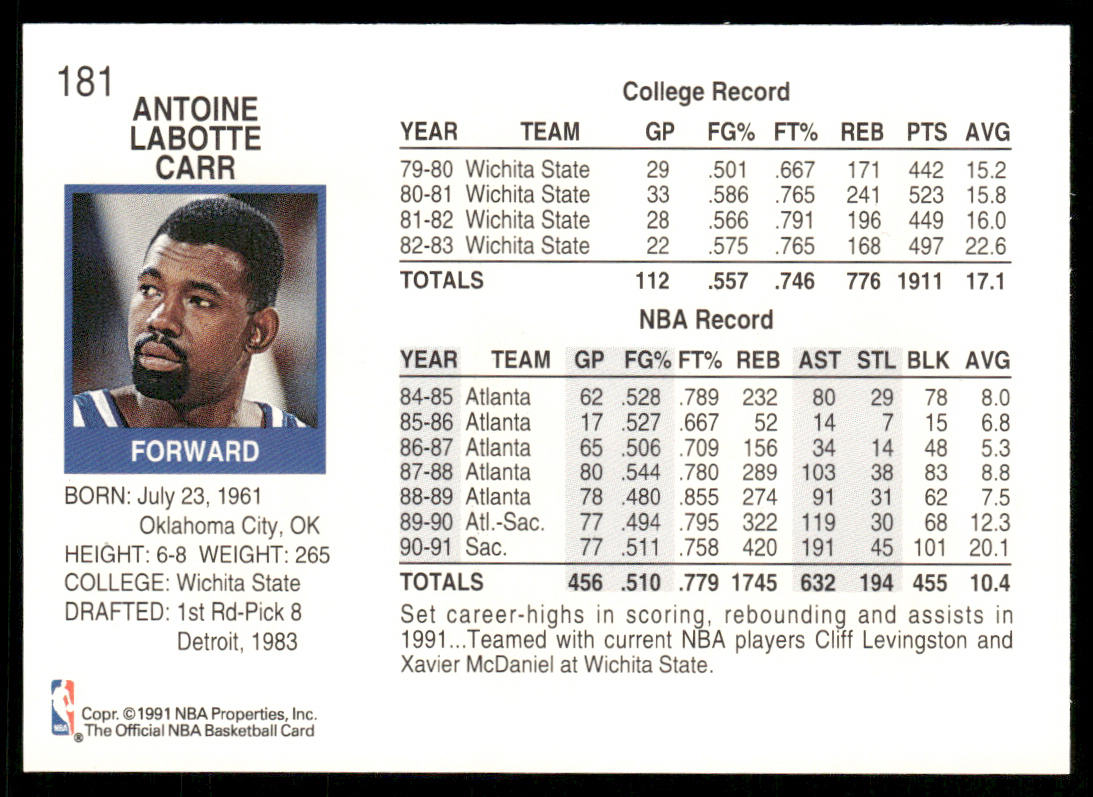 Antoine Carr 1991-92 Hoops #181 Sacramento Kings