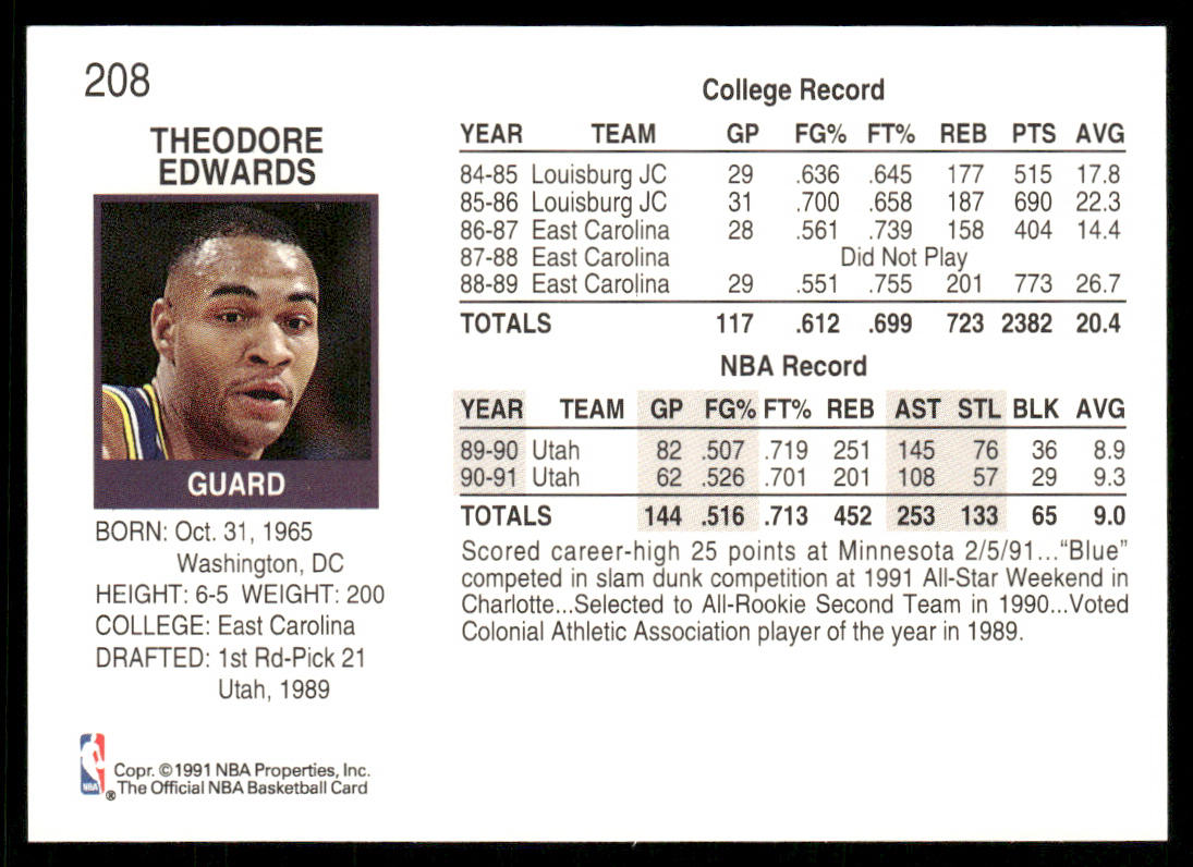 Blue Edwards 1991-92 Hoops #208 Utah Jazz