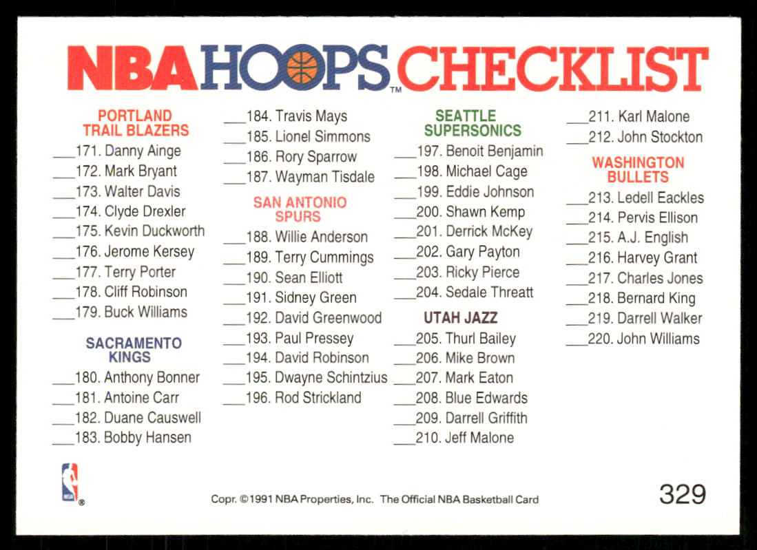 Checklist #2: 115-170 and 283-330 1991-92 Hoops #330