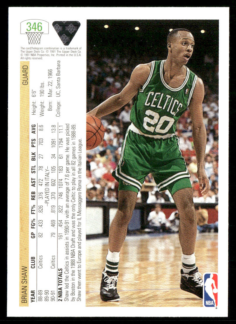 Brian Shaw 1991-92 Upper Deck #346 Boston Celtics