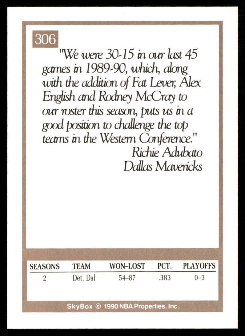 Richie Adubato 1990-91 SkyBox #306 Dallas Mavericks