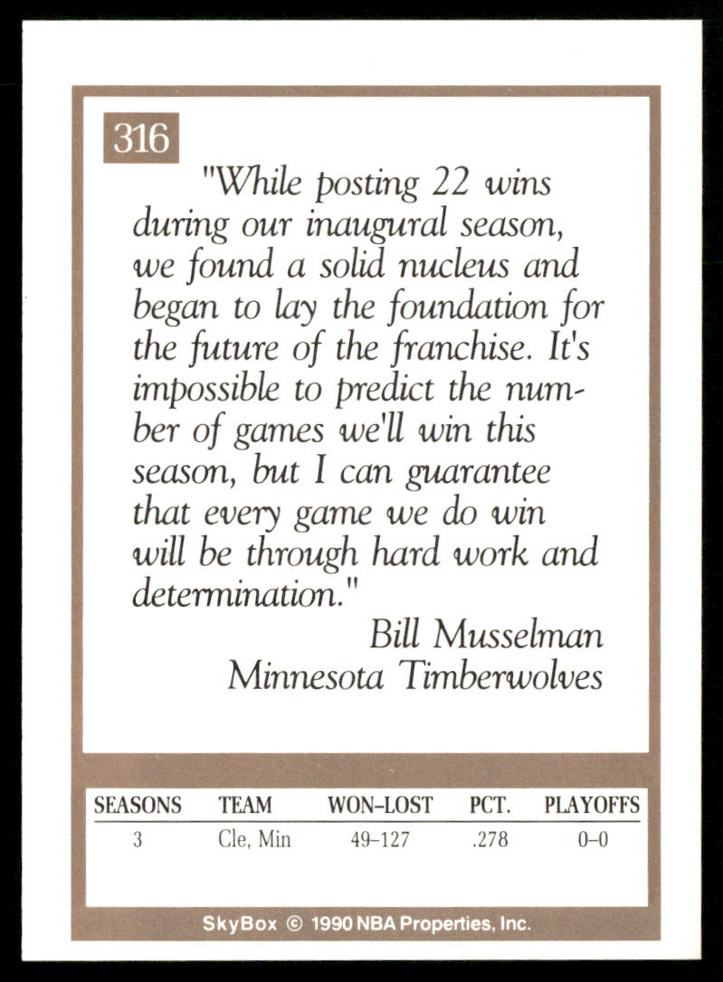 Bill Musselman 1990-91 SkyBox #316 Minnesota Timberwolves