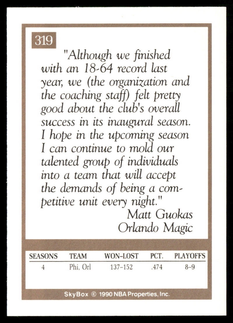 Matt Guokas 1990-91 SkyBox #319 Orlando Magic