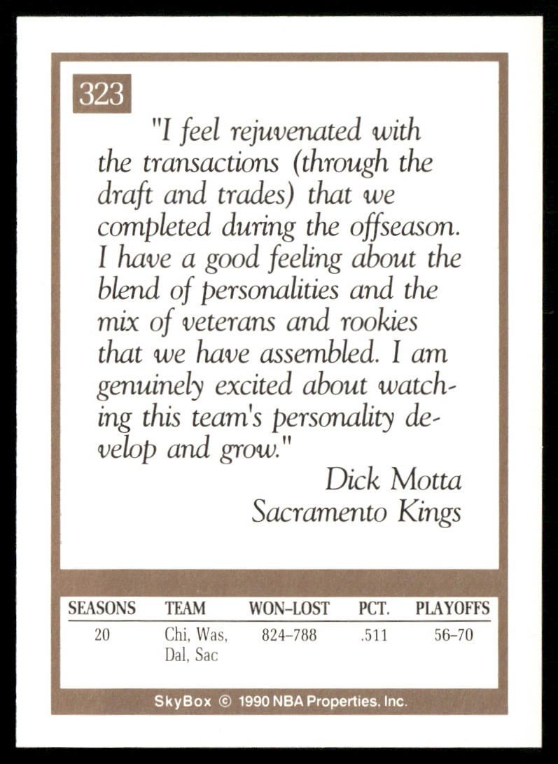 Dick Motta 1990-91 SkyBox #323 Sacramento Kings