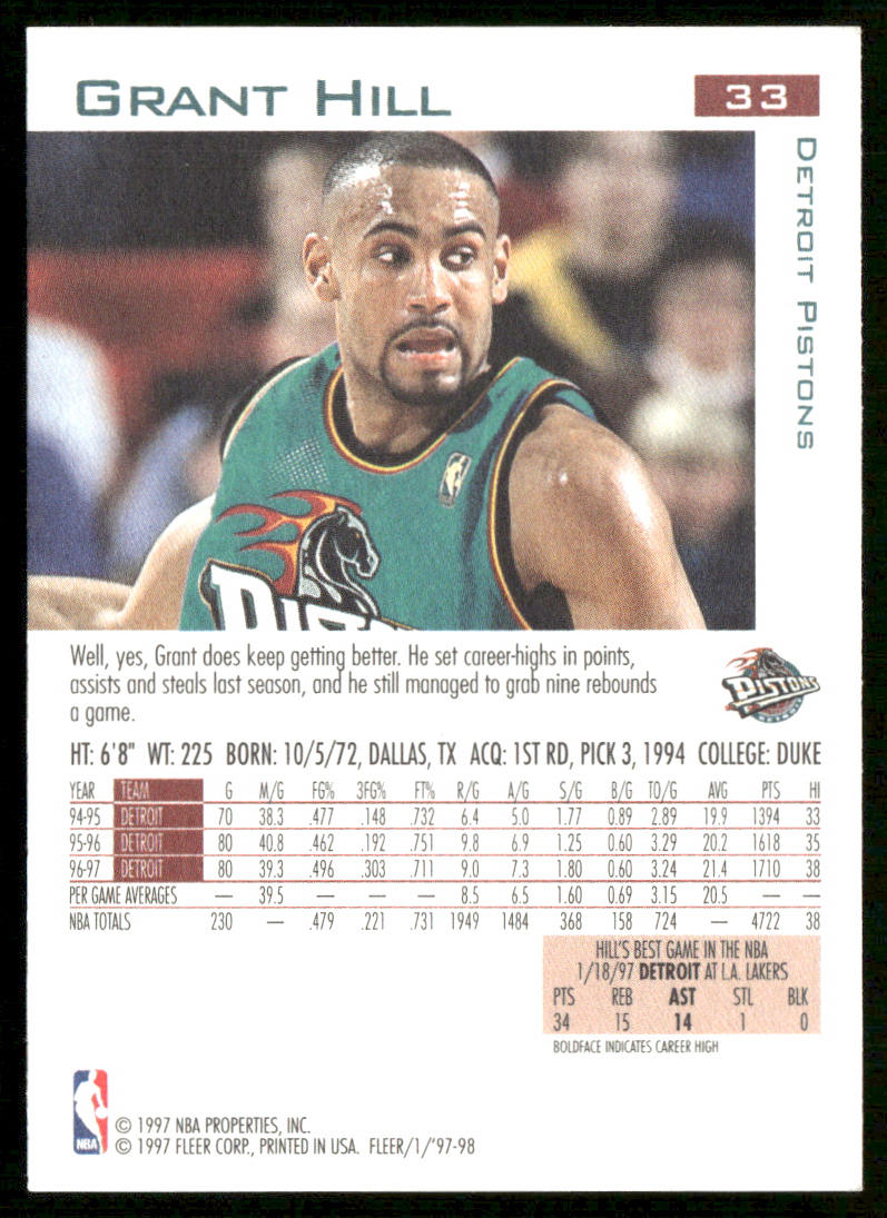 Grant Hill 1997-98 Fleer #33 Detroit Pistons