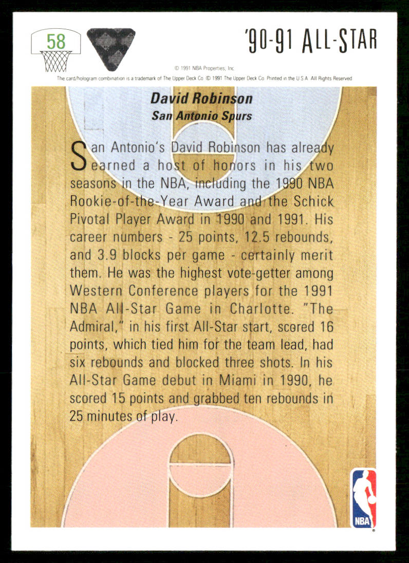 David Robinson 1991-92 Upper Deck #58b San Antonio Spurs