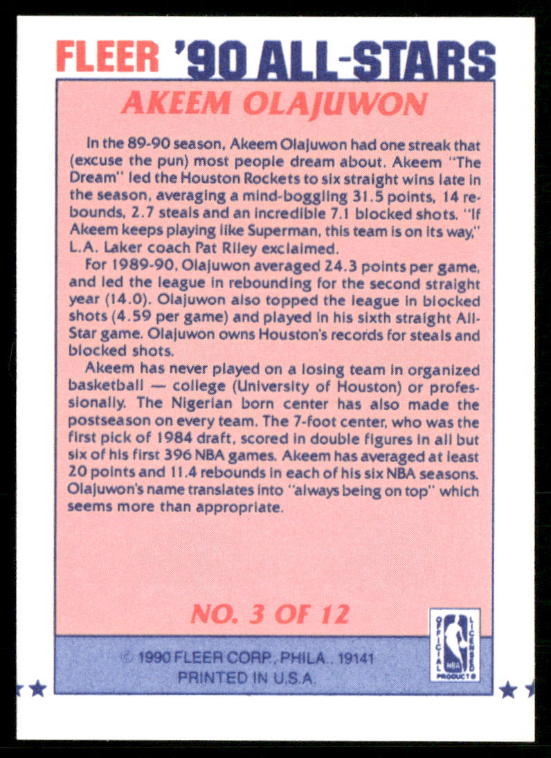 Akeem Olajuwon 1990-91 Fleer All-Stars #3 Houston Rockets