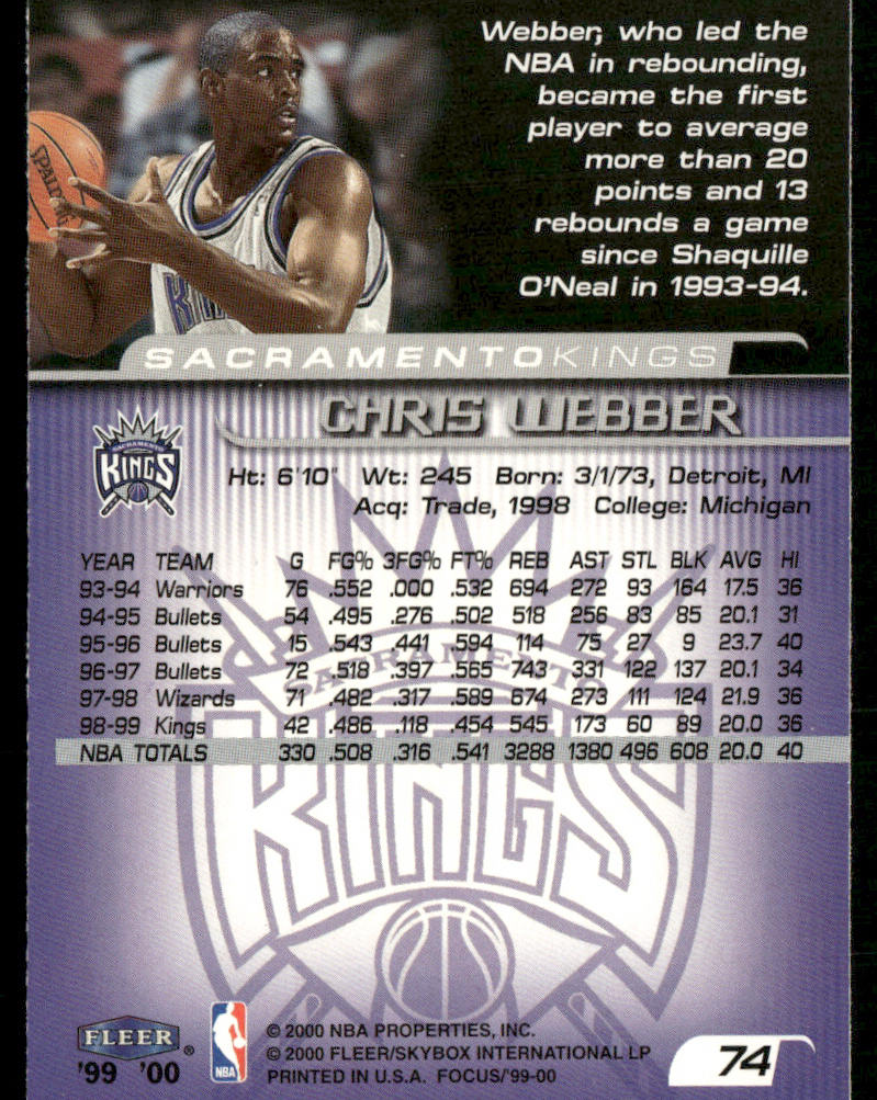 Chris Webber 1999-00 Fleer Focus #74 Sacramento Kings