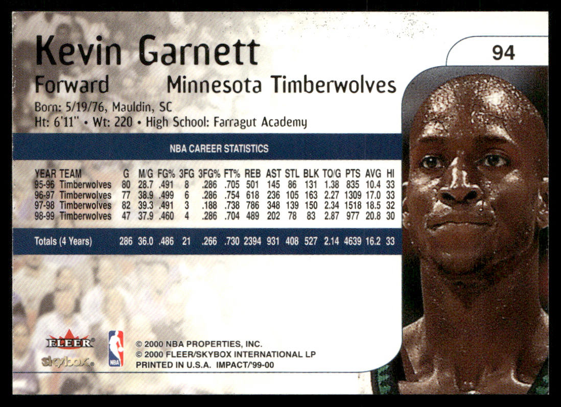 Kevin Garnett 1999-00 SkyBox Impact #94 Minnesota Timberwolves
