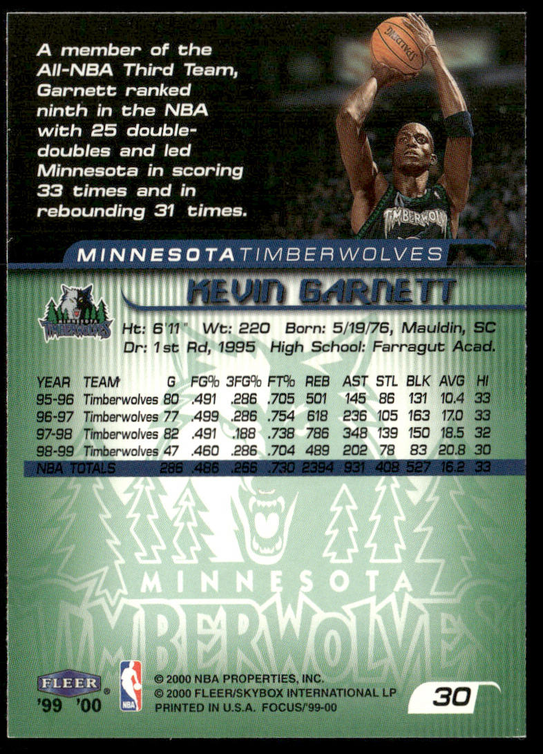 Kevin Garnett 1999-00 Fleer Focus #30 Minnesota Timberwolves