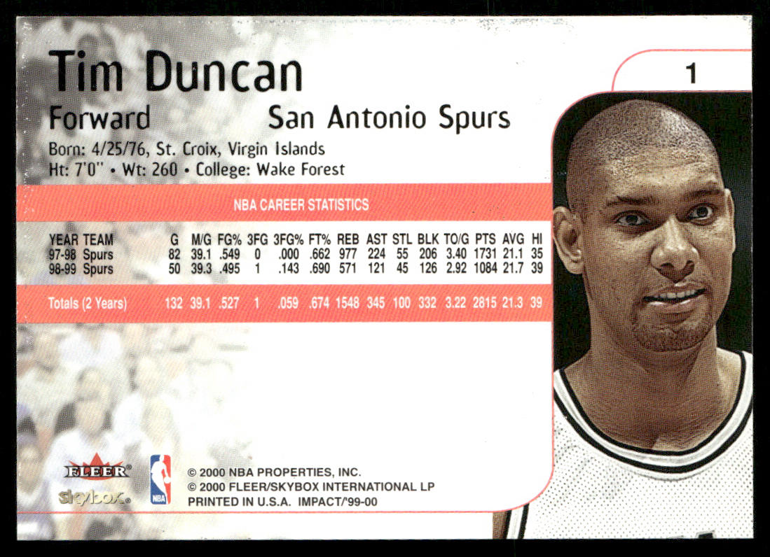 Tim Duncan 1999-00 SkyBox Impact #1 San Antonio Spurs