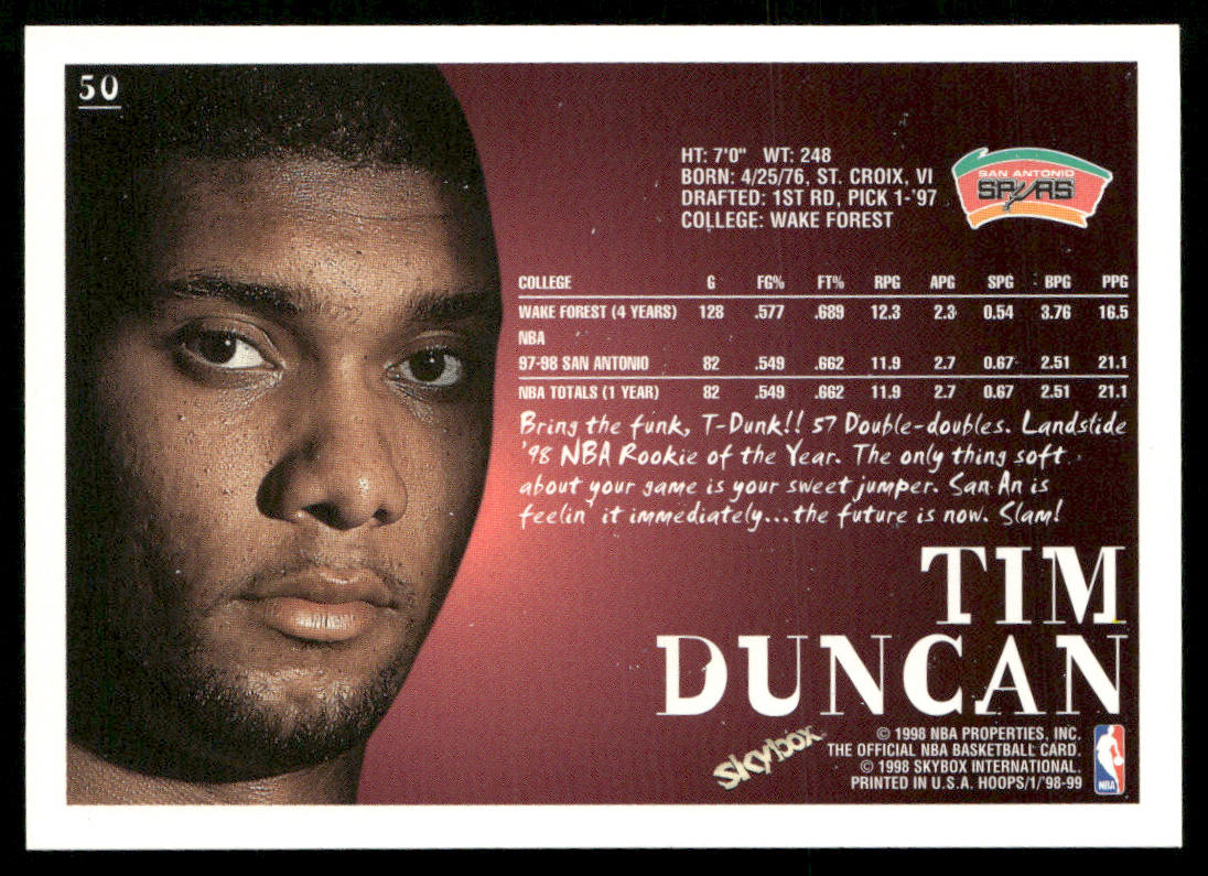 Tim Duncan 1998-99 Hoops #50 San Antonio Spurs