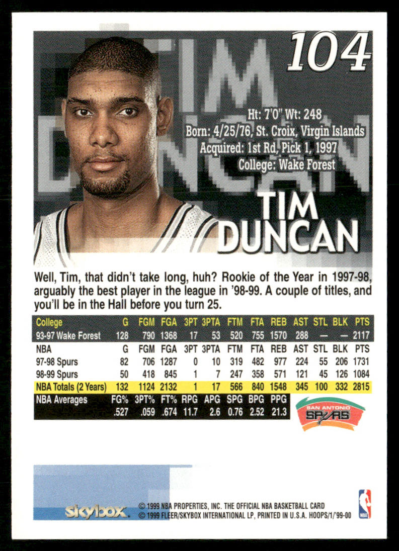 Tim Duncan 1999-00 Hoops #104 San Antonio Spurs