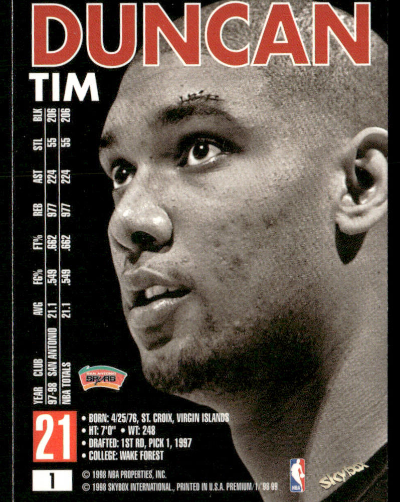 Tim Duncan 1998-99 SkyBox Premium #1 San Antonio Spurs