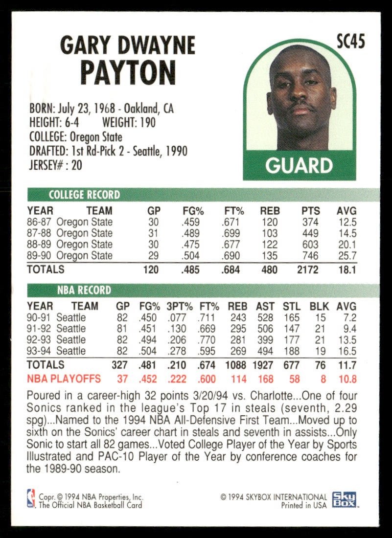 Gary Payton 1994-95 Hoops #203 Seattle SuperSonics
